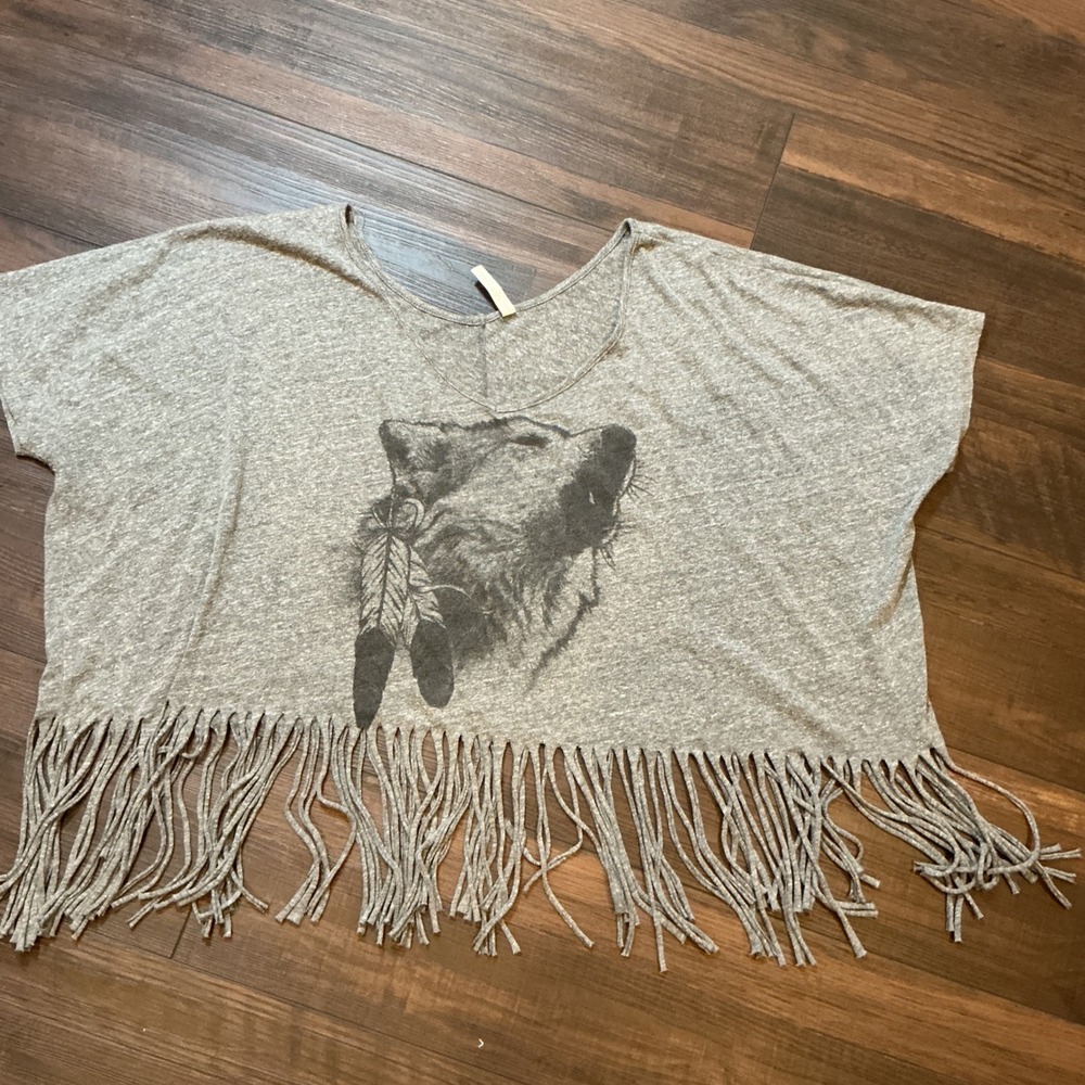Realitee Wolf Graphic Fringe Crop Top Grey Oversized Boho Festival Large